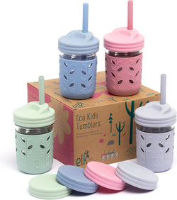 Elk and Friends Kids & Toddler Cups | The Original Glass Mason jars 8 oz with Silicone Sleeves & Silicone Straws with Stoppers | Smoothie Cups | Spill Proof Sippy Cups for Toddlers