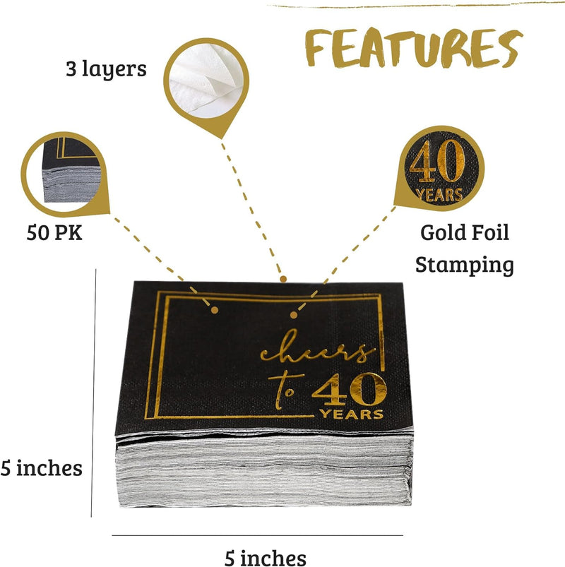 Cheers to 40 Years Cocktail Napkins - 50PK - 3-Ply 40th Birthday Napkins 5x5 Inches Disposable Party Napkins Paper Beverage Napkins for 40th Birthday Decorations Wedding Anniversary Black and Gold