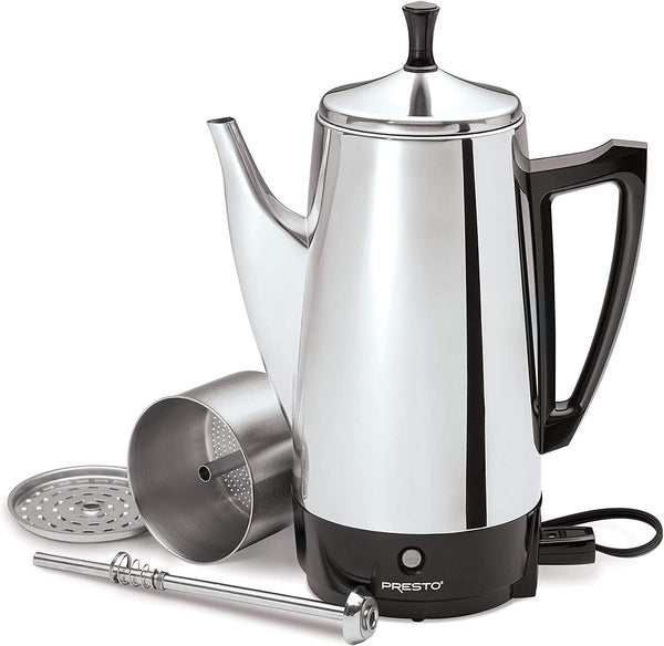 Presto 12-cup 02811 Stainless Steel Coffee Maker Bundle with 4 Ceramic Coffee Mugs and 4 Spoons