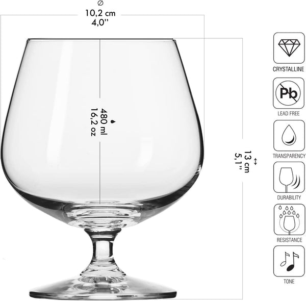 KROSNO Brandy Cognac Snifter Glasses | Set of 6 | 16.2 oz | Balance Collection | Perfect for Home Restaurants and Parties | Dishwasher Safe | Gift Idea | Made in Europe