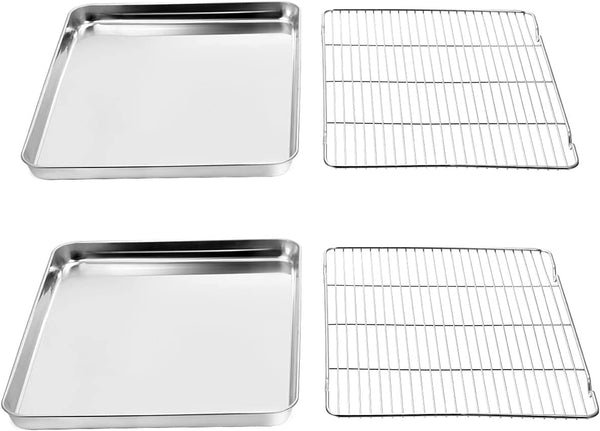 Wildone Baking Sheet & Rack Set [2 Sheets + 2 Racks], Stainless Steel Cookie Pan with Cooling Rack, Size 16 x 12 x 1 Inch, Non Toxic & Heavy Duty & Easy Clean