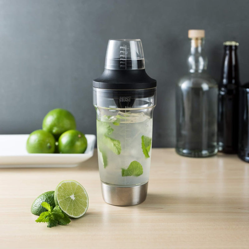 HOST All in One Cocktail Shaker Set | 5 in 1 Tool - Jigger Cap | Strainer | Reamer | Stainless Steel Bottle Opener and Oz and mL Markers 18 oz Capacity - Multitool Bartending Mixer for Drinks