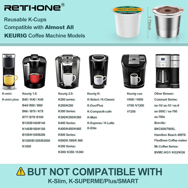 RETHONE K Cup Reusable Coffee Pods, Universal Stainless Steel Reusable K Cups Compatible with Keurig 1.0 & 2.0 Coffee Machines Brewers Refillable K Cups (2 Pack)