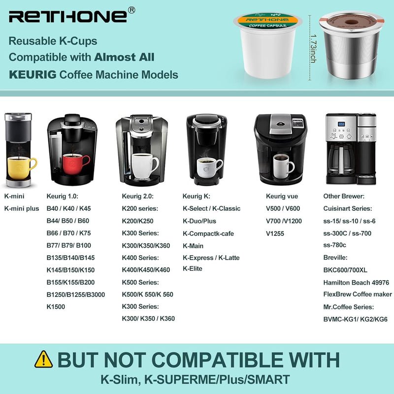 RETHONE K Cup Reusable Coffee Pods, Universal Stainless Steel Reusable K Cups Compatible with Keurig 1.0 & 2.0 Coffee Machines Brewers Refillable K Cups (2 Pack)