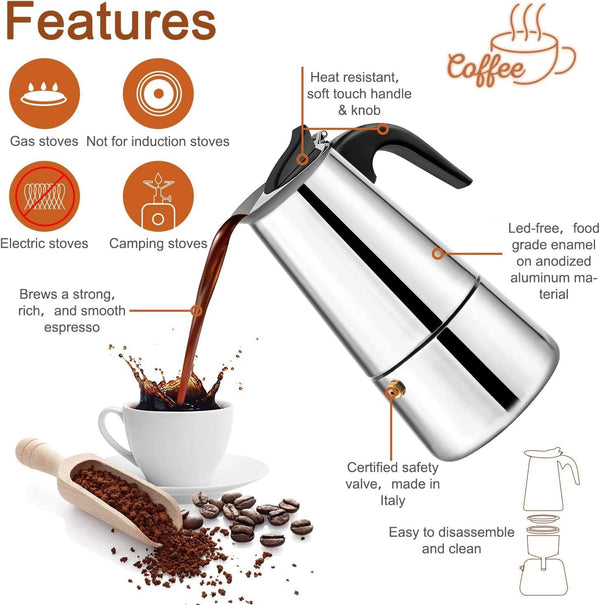 Italian Coffee Maker Moka Pot - Stovetop Espresso Maker Stainless Steel Moka Pot Percolator Coffee Pot, Classic Italian Coffee Maker Expresso Coffee Brewer,Sutiable for Induction Cookers (4 cup pot)