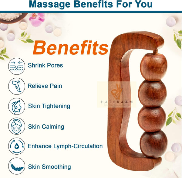 HATHKAAM Wooden Massager 7" Rosewood Unisex Handheld Roller for Full Body Pain Relief, Back, Neck & Shoulder, Cellulite Pain Acupressure, Fascia Lymphatic Drainage 4 Wheel Massage Therapy Equipment