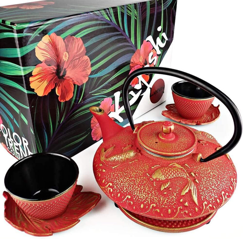 KIYOSHI Luxury 7PC Japanese Tea Set."Midnight Blue Koi" Cast Iron Tea Pot with 2 Tea Cups, 2 Saucers, Loose Leaf Tea Infuser and Teapot Trivet. Ceremonial Matcha Accessories