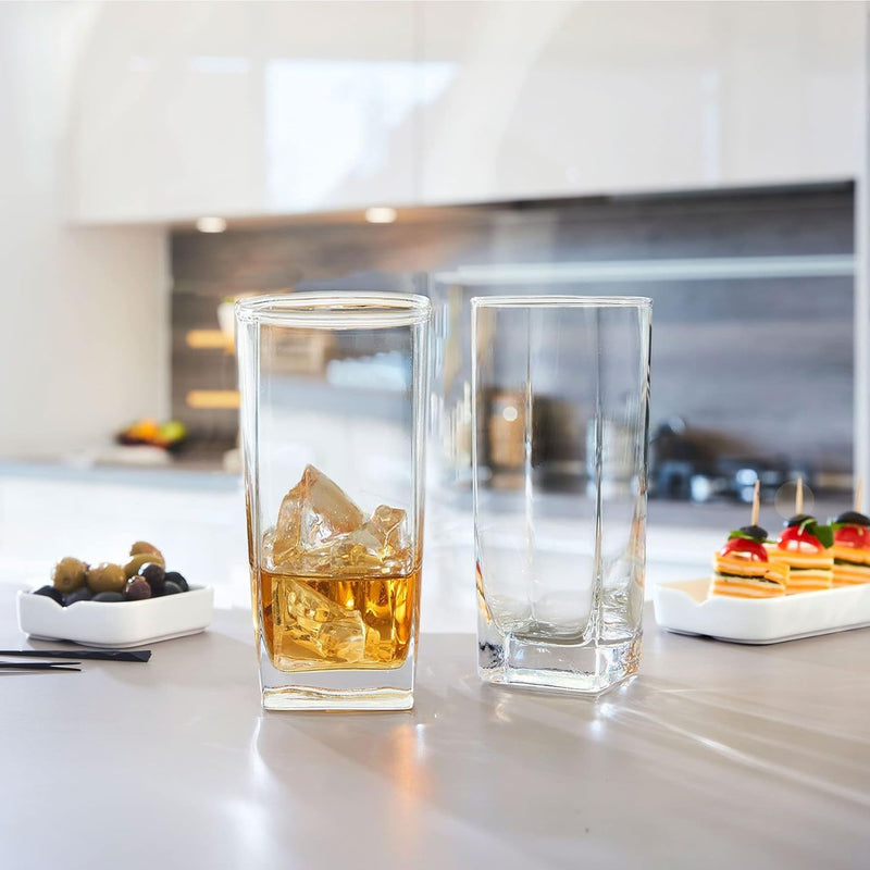 Everyday Drinking Glasses Set of 4 Drinkware Kitchen Collins Glasses for Cocktail, Iced Coffee, Beer, Ice Tea, Wine, Whiskey, Water, 4 Tall Glass Cups, Square Glassware Sets