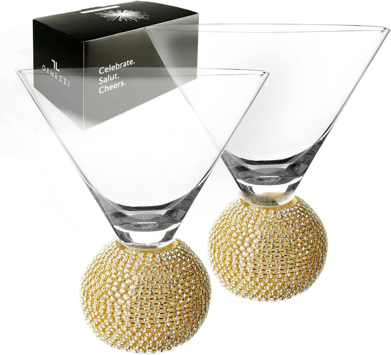 GEMEZZI Stemless Martini Glasses Set of 2, Silver Stemless Modern Cocktail Glass, Crystal Ball Base in Elegant Box, Perfect Bar Accessories for Margarita, Manhattan, Cosmos, Mixed Drinks, and Desserts