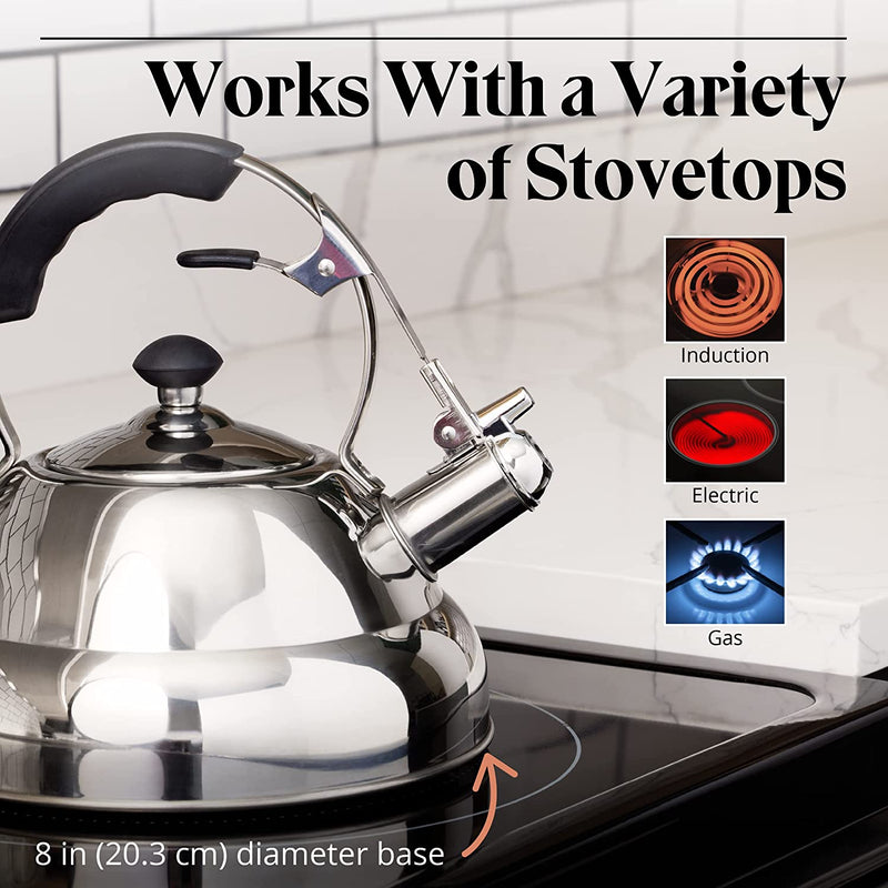 Willow & Everett Whistling Tea Kettle for Stove Top - 2.75 Quart Tea Pots for Stove Top w/Stainless Steel, Mirror Finish & Strainer