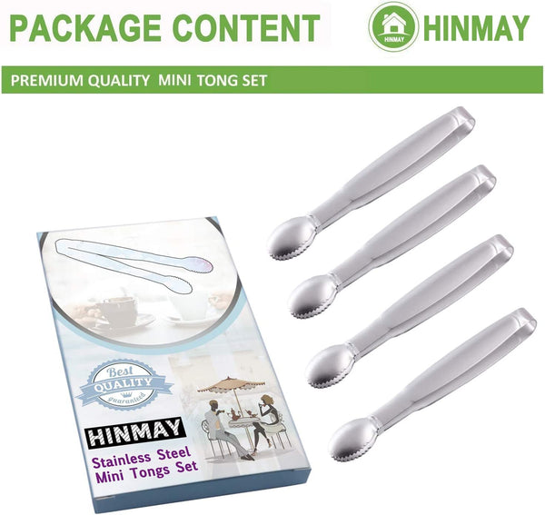 HINMAY Mini Serving Tongs 5-Inch Stainless Steel Small Appetizer Tongs, Set of 4