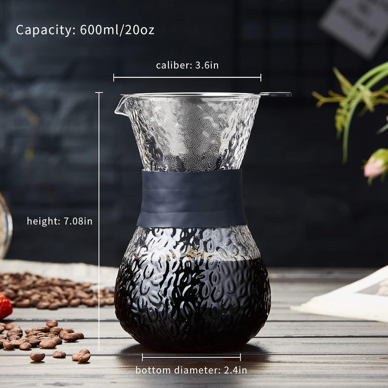 Unbreakable Pour over Coffee Maker,600ml/20oz Paperless Borosilicate Glass Carafe Reusable Stainless Steel Permanent Filter,Manual Coffee Dripper Brewer Protective Silicone Sleeve Glass Coffee Pot