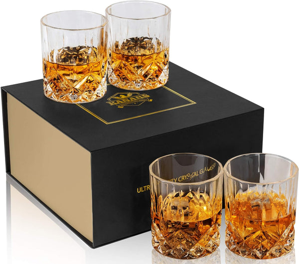 KANARS Old Fashioned Whiskey Glasses with Luxury Box - 10 Oz Rocks Barware For Scotch, Bourbon, Liquor and Cocktail Drinks - Set of 4 - Men Gift for Christmas New Year