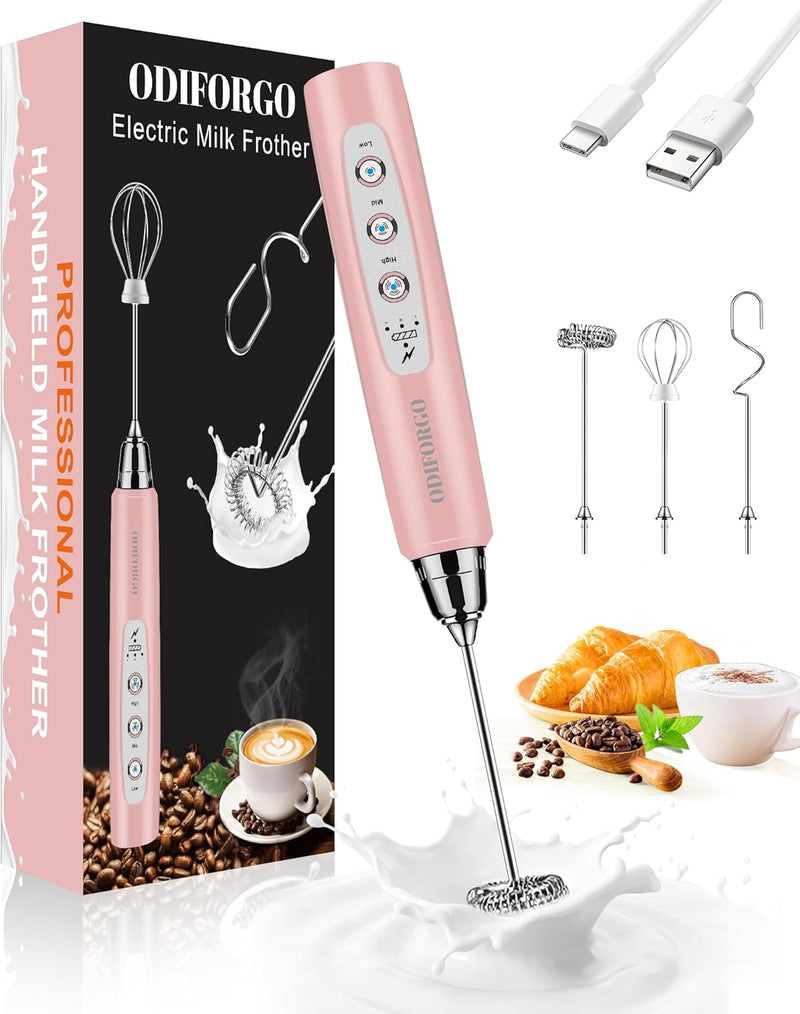 ODIFORGO Rechargeable Milk Frother Handheld, Electric Drink Mixer with 3 Stainless Whisks 3 Speed Adjustable, Coffee Foam Maker, Electric Whisk, Coffee Frother Wand for Latte Matcha Protein Powder