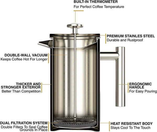 French Press with Thermometer - Insulated Coffee Press - Stainless Steel French Press Coffee Maker (1.0L, 34 fl oz, Silver)