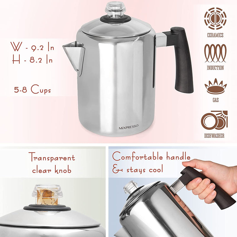 Mixpresso Stainless Steel Stovetop Coffee Percolator, Percolator Coffee Pot, Excellent For Camping Coffee Pot, 5-8 Cup Coffee Maker, Stainless Steel Coffee Percolator