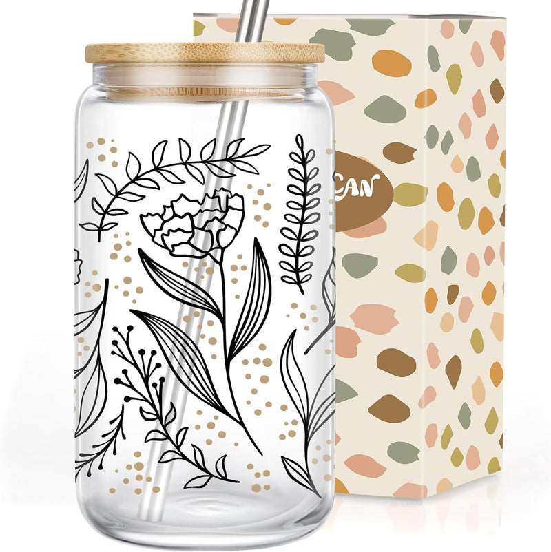 Coolife Floral Iced Coffee Cup, 16oz Drinking Glass Cups w/Lids Straws, Aesthetic Cups, Coffee Glass Tumbler, Flower Beer Glass Cups - Christmas, Birthday Aesthetic Gifts for Women Mom Her