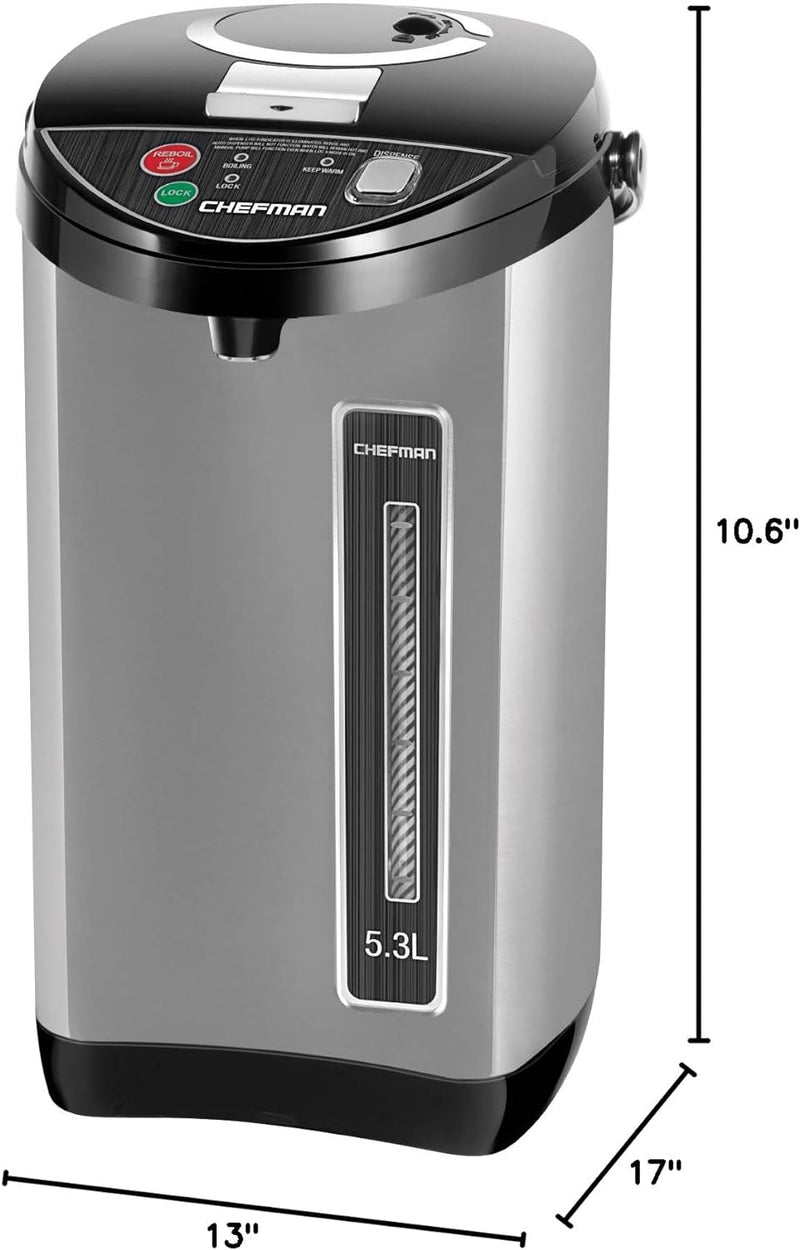 Chefman Electric Hot Water Pot Urn w/ Manual Dispense Buttons, Safety Lock, Instant Heating for Coffee & Tea, Auto-Shutoff/Boil Dry Protection, Insulated Stainless Steel, 5.3L/5.6 Qt/30+ Cups