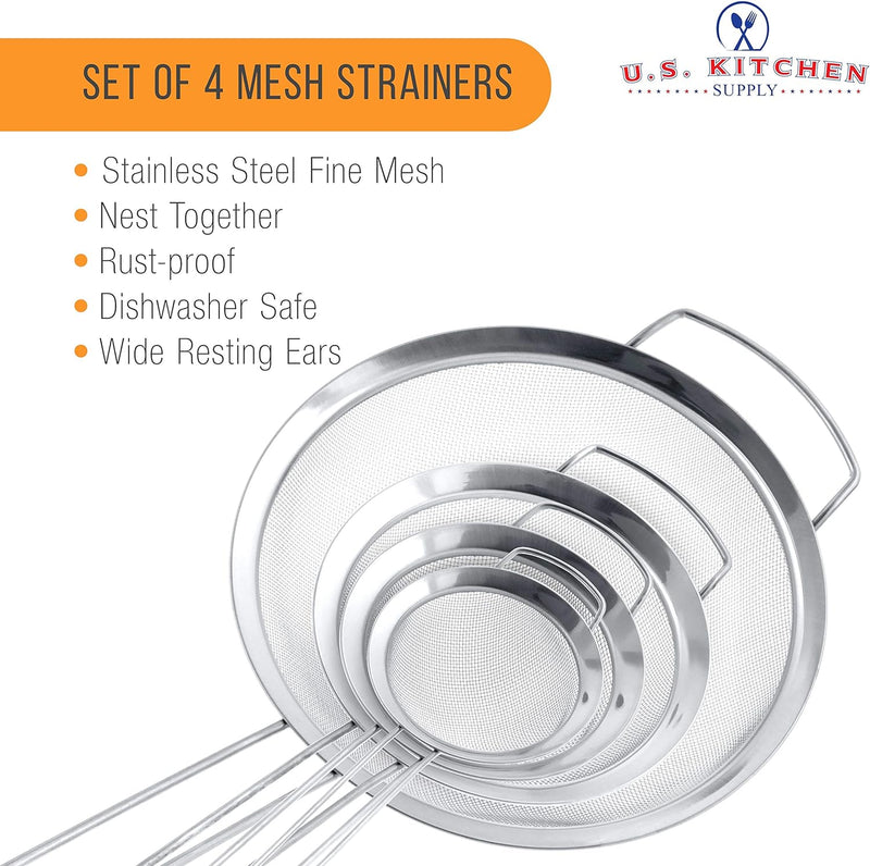 U.S. Kitchen Supply - Set of 4 Premium Quality Fine Mesh Stainless Steel Strainers with Wide Resting Ear Design - 3", 4", 5.5" and 8" Sizes - Sift, Strain, Drain and Rinse Vegetables, Pastas & Tea