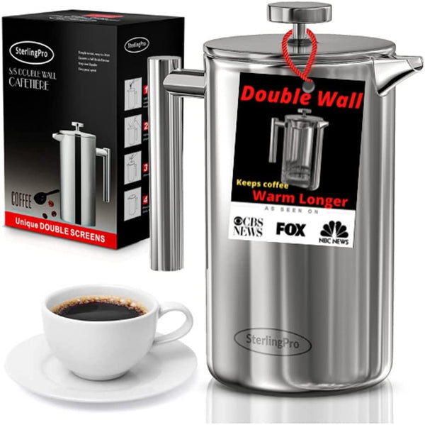 SterlingPro French Press Coffee Maker(1.75L)-Double Walled Large Coffee Press with 2 Free Filters-Enjoy Granule-Free Coffee Guaranteed, Stylish Rust Free Kitchen Accessory-Stainless Steel French Press