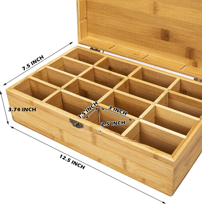 Beyond Your Thoughts Bamboo Tea Box Father's Day Gift Tea Chest Adjustable 16 Compartments Tea Storage Holder Organizer with Latching Lid Leaves