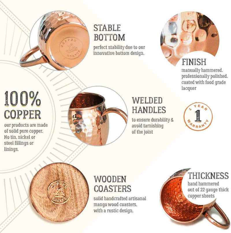 Moscow Mule Copper Mugs Set - 2 Authentic Handcrafted Copper Mugs (16 oz.), 2 Straws, 2 Solid Wood Coasters and Recipe Book - Gift Box Included