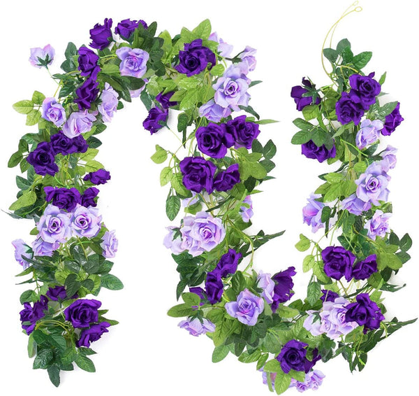 3PCS/23.7FT Artificial Rose Flower Garland, Fake Vines Silk Floral Hanging Plant for Wedding Arch Decorations Room Party Home Garden Hotel Office Wall Decor (Purple)