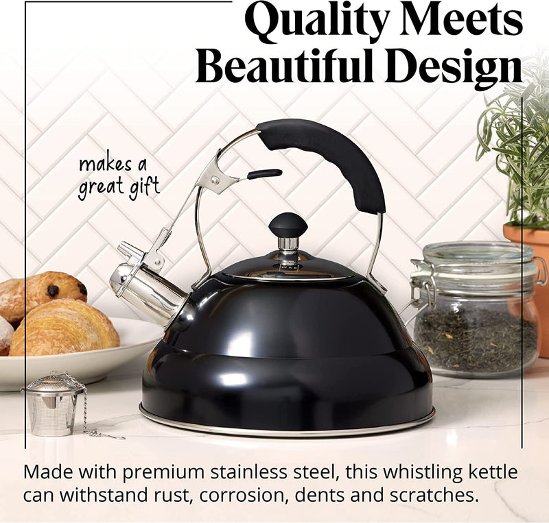 Willow & Everett Whistling Tea Kettle for Stove Top - 2.75 Quart Tea Pots for Stove Top w/Stainless Steel, Mirror Finish & Strainer