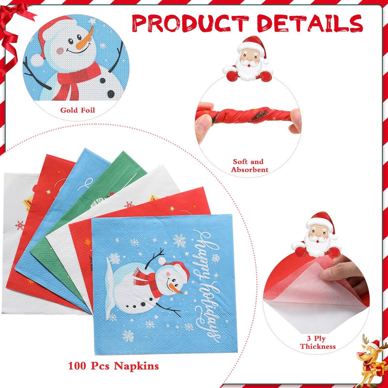 100 Pcs Christmas Napkins Snowman Paper Napkins Merry Christmas Tree Snowflake Cocktail Napkins Xmas Elk Guest Paper Towel for Winter Holiday New Year Family Gathering Party Supplies