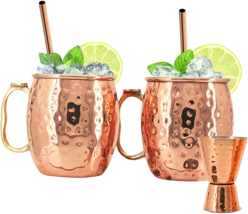 Kitchen Science [Gift Set] Moscow Mule Mugs, Stainless Steel Lined Copper Moscow Mule Cups Set of 2 (18oz) w/Straws & Jigger. | Tarnish-Resistant Stainless Steel Interior (Set of 2)