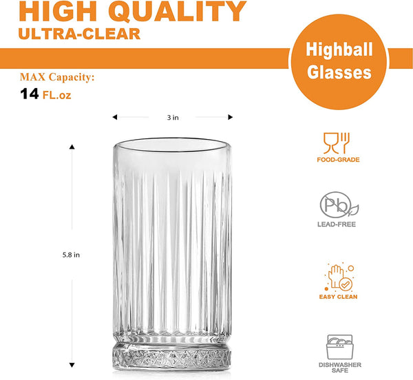 LUXU Highball Glasses 14 fl.oz,Set of 6, Lead-free Drinking Glasses with Heavy Base,Premium Collins Tumblers for Water/Juice/ Cocktails/Beverages,Beautiful Striped Look Glassware,Dishwasher Safe