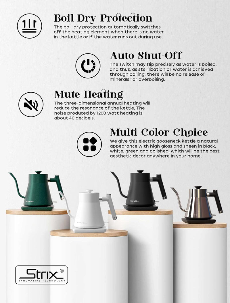 ECORELAX Gooseneck Electric Kettle, Pour Over Coffee and Tea Kettle, 100% Stainless Steel Inner with Leak Proof Design, 1200W Rapid Heating, Strix Boil-Dry Protection, 0.8L, Matte White