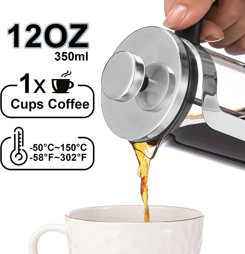 YORSEEK Mini French Press Coffee Tea Maker 1 Cups, 12oz Coffee Press, Perfect for Coffee Lover Gifts Morning Coffee, Single Server Maximum Flavor Coffee Brewer with Stainless Steel Filter, 350ml
