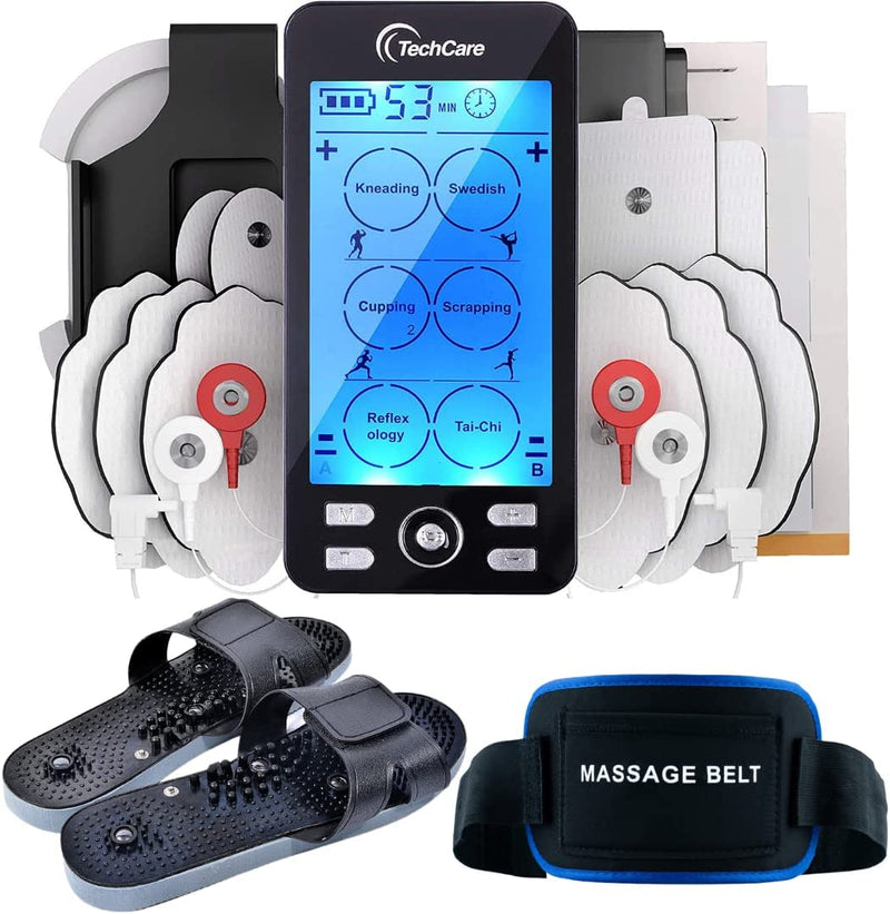 TechCare Plus 24 Modes Tens Unit Massager Rechargeable Unit Electric Complete Set + Massage Belt + Reflexology Shoes Back Neck Pain