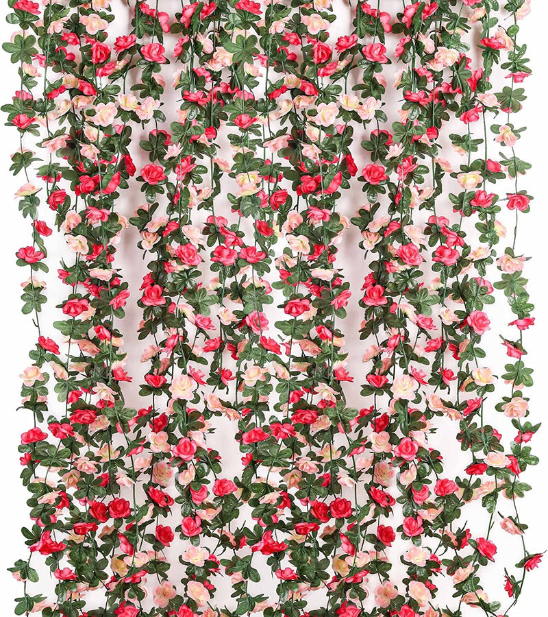 Meiliy 6 Pack Fake Rose Vine Flowers Garland Pink Artificial Hanging Plant for Home Wedding Decor - 492 Ft