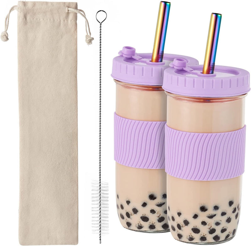 Amyoole 2 Pack Reusable Boba Cup,24Oz Wide Mouth Smoothie Cup,mason Jar Glass Cups with Lids and Straws,Bubble/Boba Tea Cups,Ice Coffee Tumbler 2 colored straws 1 sponge brush(Purple)