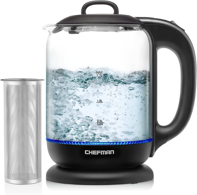 Chefman 1L Electric Tea Kettle with LED Lights, Automatic Shut Off, Removable Lid, Boil-Dry Protection, Hot Water Electric Kettle Water Boiler, Electric Kettles for Boiling Water