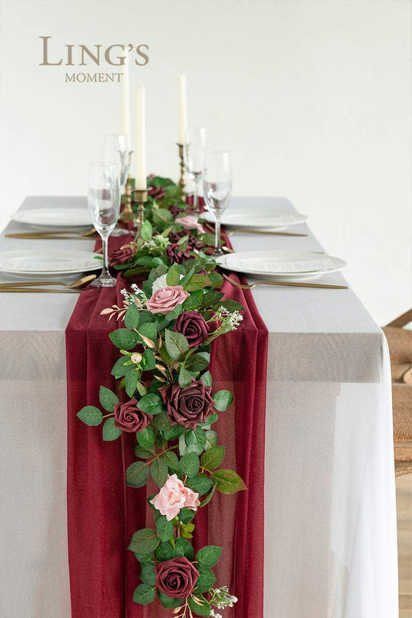 5FT Artificial Rustic Rose Flower Runner - Wedding Decor Burgundy