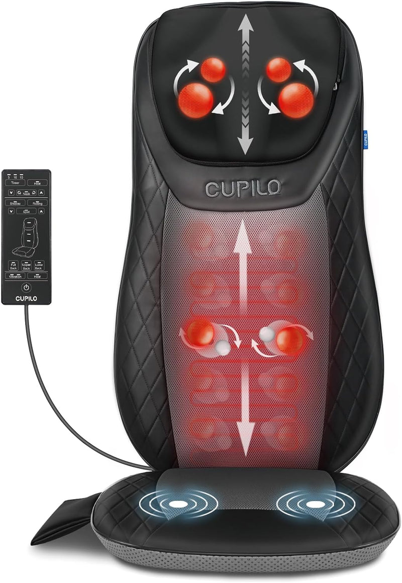 CuPiLo Shiatsu Neck Back Massager with Heat, Massage Chair Pad for Full Body Pain Relief, Inflatable Flaps Back Support, Chair Massage Pad, Seat Massager for Chair, Home, Gifts for Elder, Man or Woman