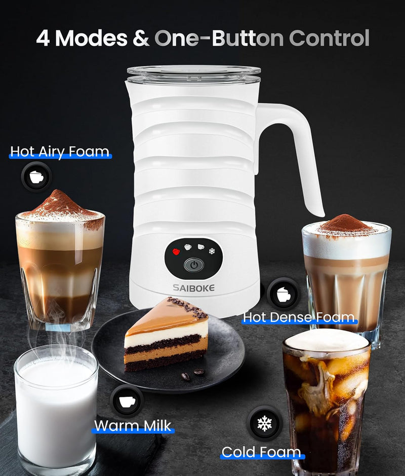 Milk Frother, SAIBOKE 4-in-1 Electric Milk Steamer，Automatic Hot & Cold Foam Maker, 8.8oz/260ml Milk Warmer for Latte, Cappuccinos, Macchiato. Ultra-Quiet Working & Automatic Shut Off.