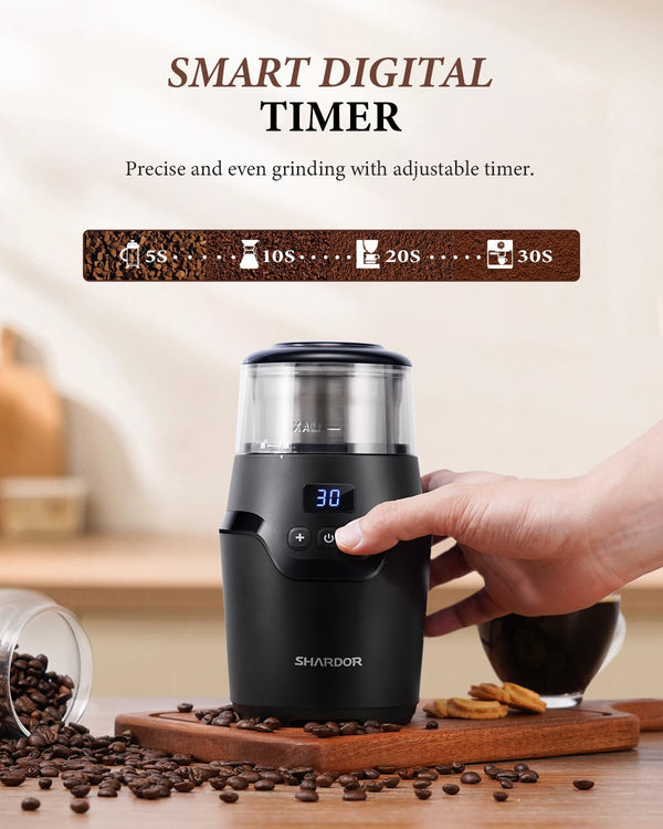 SHARDOR Adjustable Coffee Grinder Electric, Super Silent Electric Coffee Bean Grinder with Time-Memory Adjustment and Multi-Functional Stainless Steel Cup for Spices, Herbs, and Nuts Grinding, Black