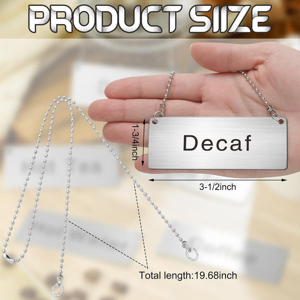 Hicarer 5 Pcs Stainless Steel Chain Signs 3-1/2" x 1-3/4" Beverage Table Display Signs Coffee, Decaf, Hot Water, Hot Tea, Iced Tea Hanging Chain Sign