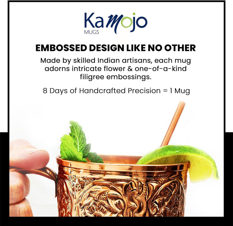 Kamojo Moscow Mule Mugs Set of 2 - Premium Moscow Mule Copper Mugs with Unique Embossed Design & Anti-Tarnish, Food-Grade Coating - Copper Cups Gift Set with 2 Copper Straws & Recipe E-Book, 16 oz