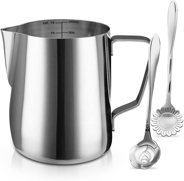 SIKEMAY Milk Frothing Pitcher Jug - 12oz/350ML Stainless Steel Coffee Tools Cup - Suitable for Espresso, Latte Art and Frothing Milk, Attached Dessert Coffee Spoons