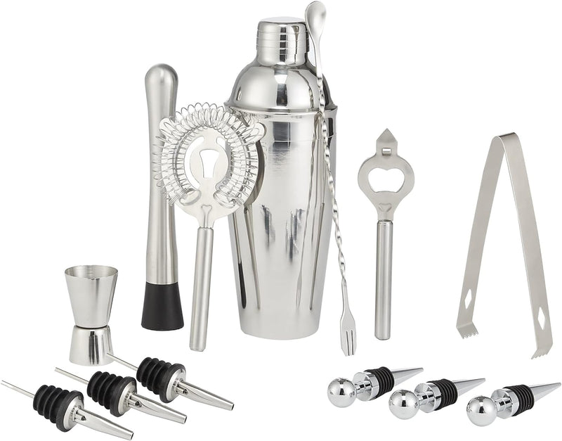 Amazon Basics 3-Piece Stainless Steel Bar Tools Set - 24oz Shaker, Mixing Spoon, Jigger