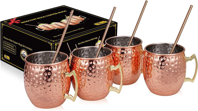 Widousy Moscow Mule Copper Mugs - Set of 4-HANDCRAFTED - Solid Copper Mugs 16 oz Gift Set with BONUS ：4 Cocktail Copper Straws