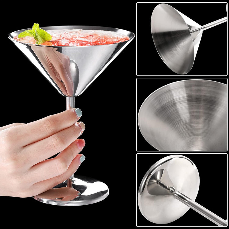Peohud 4 Pack Stainless Steel Martini Glasses, 8 Oz Unbreakable Cocktail Glasses for Margarita, Manhattan, Champagne, Bar, Party, 18/8 Mirror Polished Finish, Shatterproof