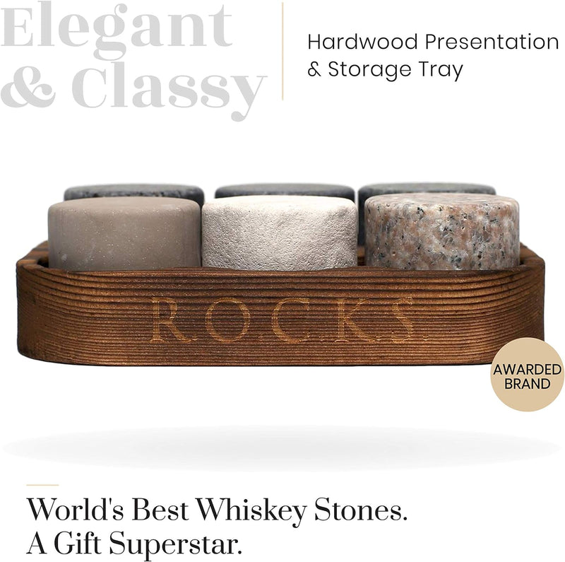 Whiskey Chilling Stones - Set of 6 Handcrafted Premium Granite Round Sipping Rocks - Hardwood Presentation & Storage Tray by R.O.C.K.S.