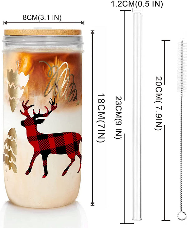 ANOTION Christmas Cups, 24oz Colored Christmas Mugs Mason Jars Glass Cups with Lid and Straw Christmas Tumbler Drinking Glasses Coffee Cups Cookie Jar Glassware Xmas Decorations Gifts for Women Men