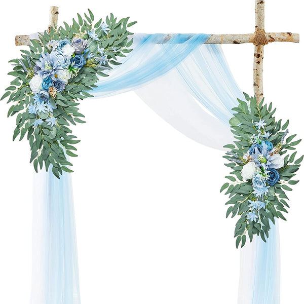 Blue Artificial Wedding Arch Flowers and Swag Set with Drape Fabric - Large Decor for Welcome Sign Backdrop Sweetheart Table